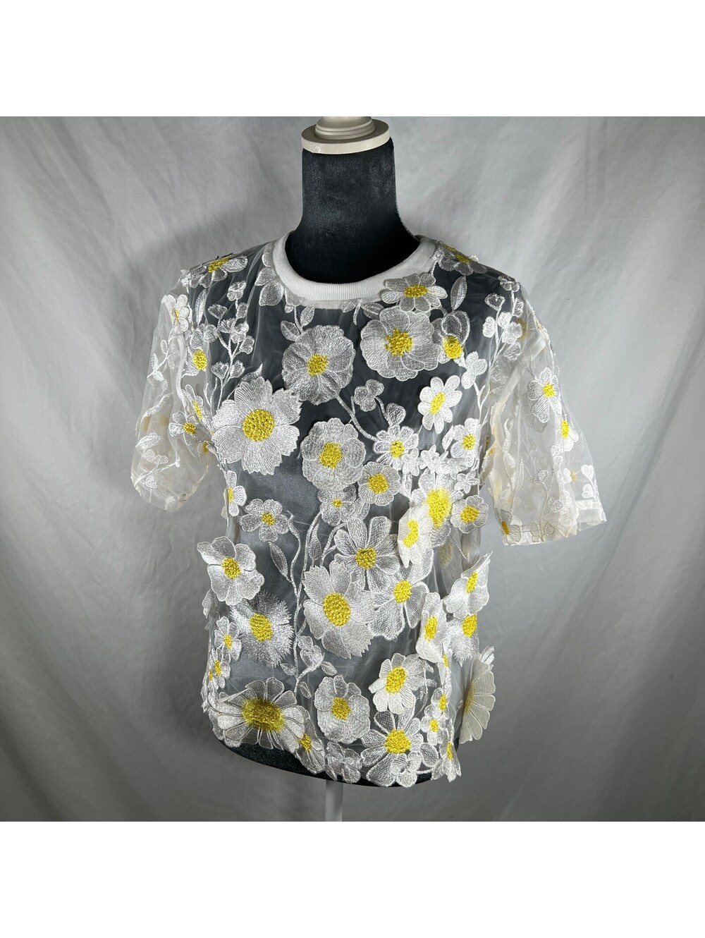Dolan Left Coast Collection XS Sheer Embroidered Floral Mesh Top White Yellow